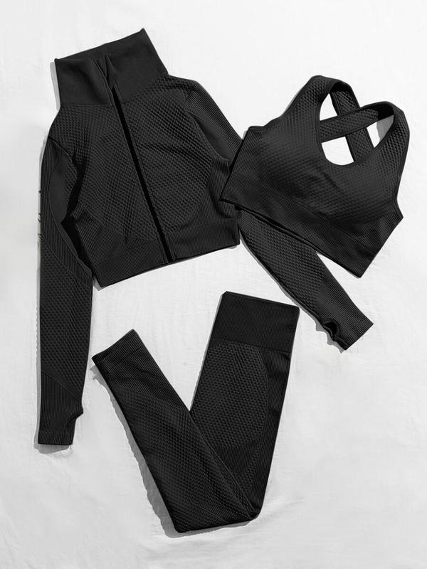 Women's Solid Textured Criss Cross Sports Bra & High Waist Leggings & Stand Collar Zip Up Jacket Set, Sporty Breathable Comfy Outfits for Yoga Gym Workout Running, Women's Sportswear for Fall & Winter