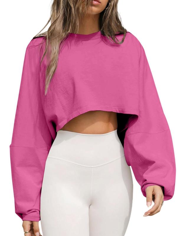 Women's Solid Batwing Sleeve Crop Sports Tee, Sporty Long Sleeve Round Neck Cropped Top for Spring & Fall, Ladies Sportswear for Daily Wear