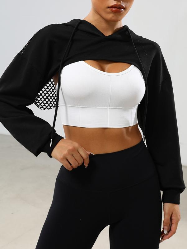 Sports Fishnet Long Sleeve Drawstring High Low Workout Hoodie Crop Tops