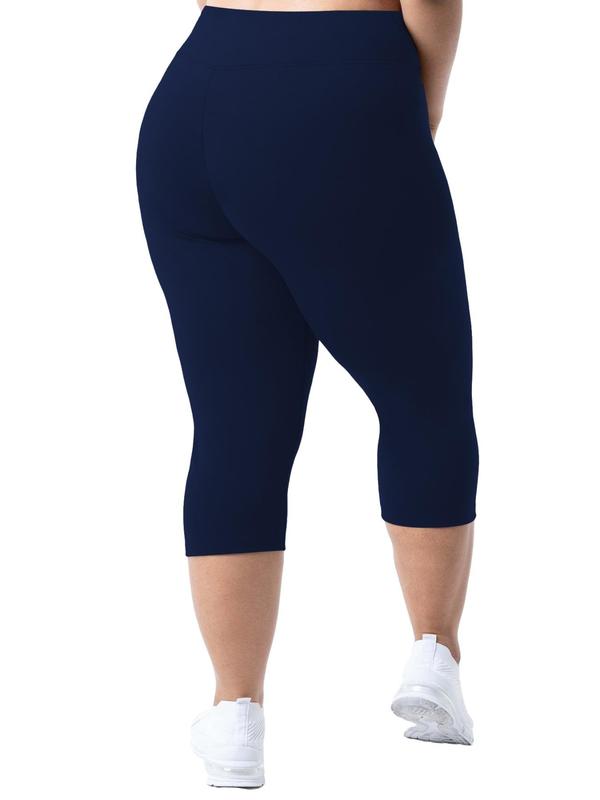 Plus Size Solid High Waist Capris Sports Leggings, Breathable Skinny Pants for Yoga Gym Workout, Women's Sport & Outdoor Clothing for Summer