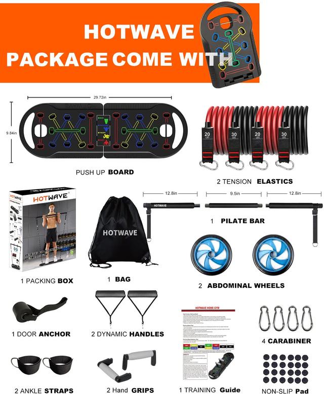 HOTWAVE Portable Exercise Equipment with 16 Gym Accessories.20 in 1 Push Up Board Fitness,Resistance Bands with Ab Roller Wheel,Full Body Workout at Home,Patent Pending