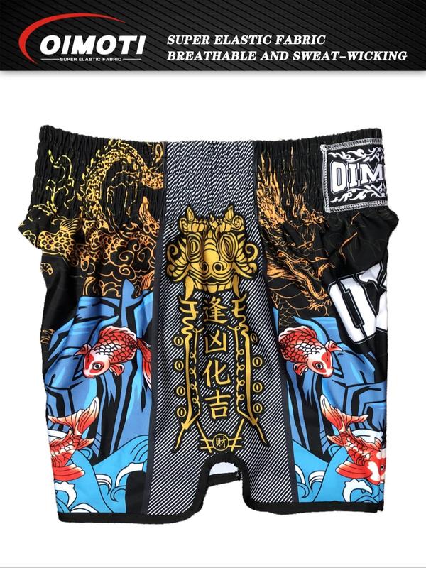 Men's All Over Print Letter Patched Boxing Shorts, Sporty Contrast Binding Asymmetrical Hem Sports Shorts, Plus Size Athletic Running Workout Gym Shorts