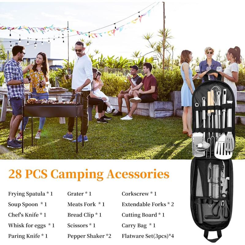 Camping Cooking Utensils Set, Stainless Steel Grill Tools, Camping BBQ Cookware Gear and Equipment for Travel Tenting RV Van Picnic Portable Kitchen Essentials Accessories - Black-28 PCS