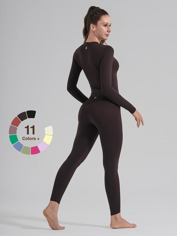 Women's Solid Long Sleeve Tee & High Waist Leggings Sportswear Set, Sporty Comfy Breathable Outfits for Yoga Gym Workout Running, Ladies Sportswear for All Seasons