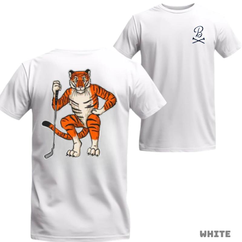 Barstool Golf T-Shirt - White unisex tee featuring a unique golfing tiger design, perfect for golf enthusiasts and animal lovers, ideal for an energetic and creative style.