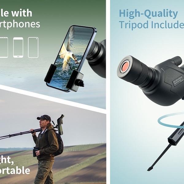 20-60x60 HD Spotting Scope with Tripod, Carrying Bag and Phone Adapter - BAK4 45 Degree Angled Spotter for Bird Watching and Wildlife Scenery