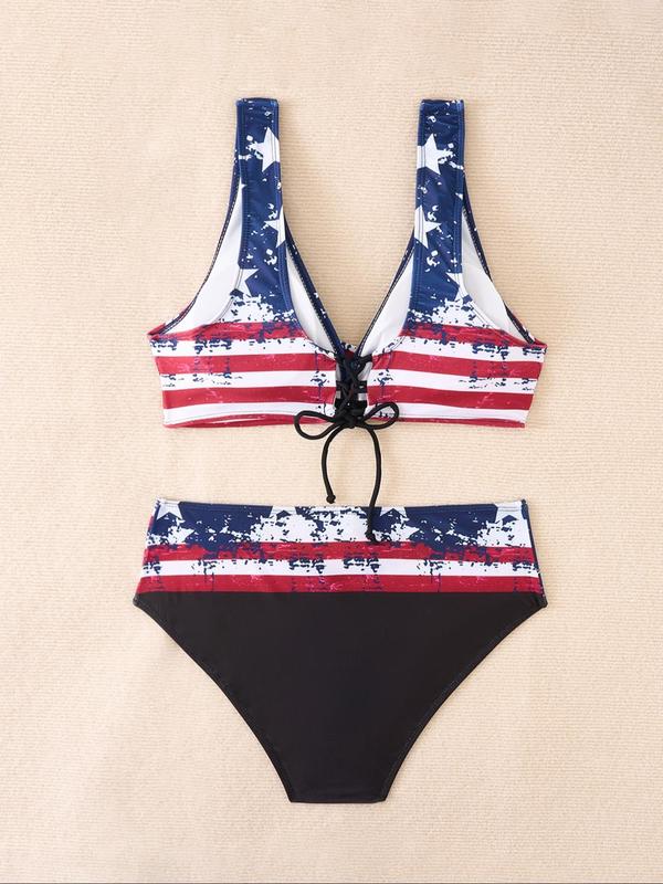 Women's Star & Flag Print Wrap Bikini Set, Casual Deep V Neck Lace Up Swim Top & High Waist Swim Bottom, Summer Swimsuit for Beach Holiday Vacation