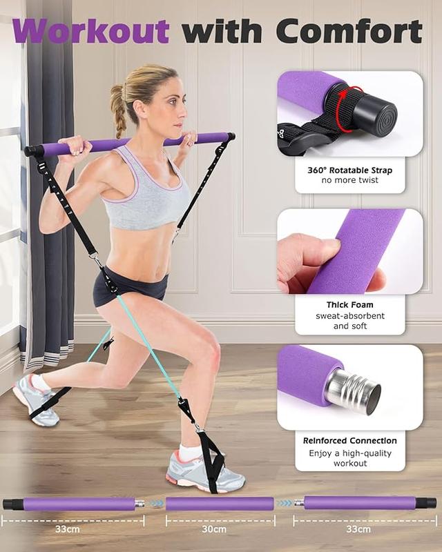 3-Section Pilates Bar with Adjustable Strap, Door Anchor, Handles and Foot Strap, Portable Home Gym Pilates Resistance Bar Kit