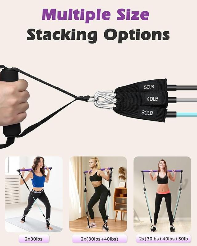 3-Section Pilates Bar with Adjustable Strap, Door Anchor, Handles and Foot Strap, Portable Home Gym Pilates Resistance Bar Kit