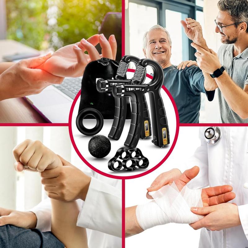 Hand Grip Strengthener Workout Kit (5 Pack), 2 Forearm Grip Adjustable Resistance Hand Gripper, Finger Stretcher, Grip Ring & Stress Relief Grip Ball for Athletes