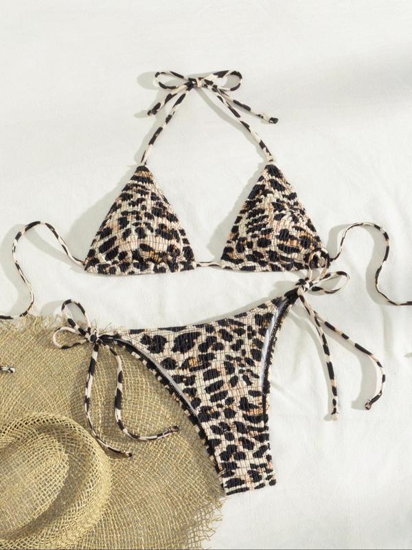 Two-Piece Set Women's Leopard Print Textured Bikinis Set, Bathing Suits, Casual Halter Triangle Bra & Tie Side Panty, Swimsuit for Women, Summer Beach Holiday Vacation Swimwear Set for Women