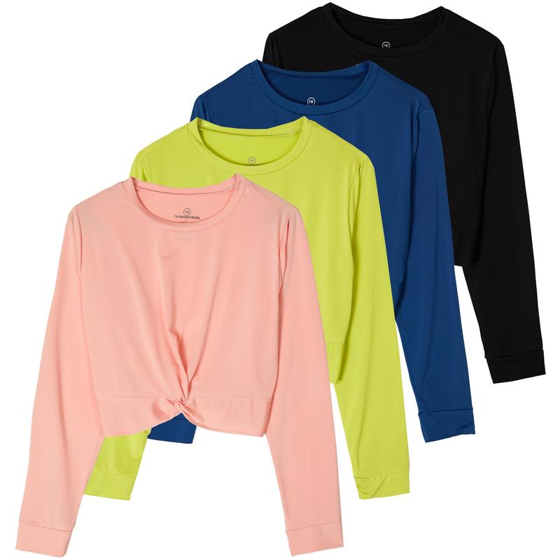 Real Essentials 4 Pack: Women's Dry-Fit Long-Sleeve Twist Front T-Shirt - Athletic Workout Yoga Tops (Available in Plus Size)