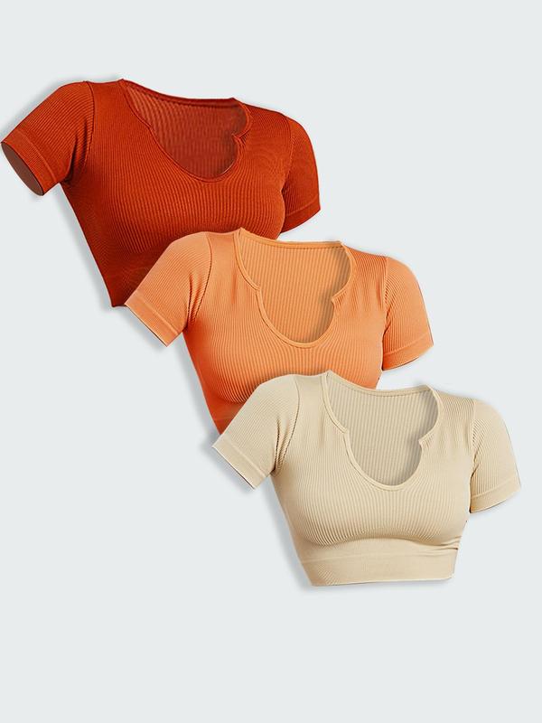 Women's Solid Ribbed Square Neck Crop Sports Tee, Sporty Short Sleeve Cropped T-shirt for Yoga Gym Workout Running, Ladies Sportswear for Summer