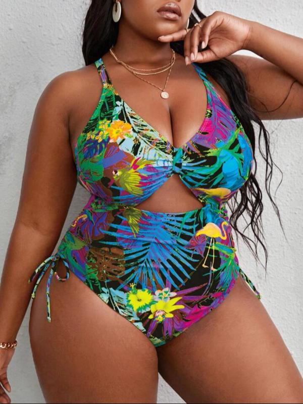  Tropical Print Criss Cross Cut Out One-piece Swimsuit, Swimsuit for Women, Boho Tie Side Sleeveless Swimwear for Beach Holiday Vacation, Women's Curvy Swimwear for Summer