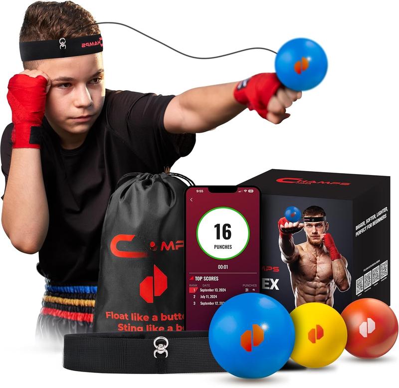 Boxing Reflex Balls for Kids with App Boxing Ball with Varying Sizes, Adjustable Headband and 3 Spare Strings to Improve Speed and Hand-Eye Coordination for Men, Boys and Teens - Boxing Equipment