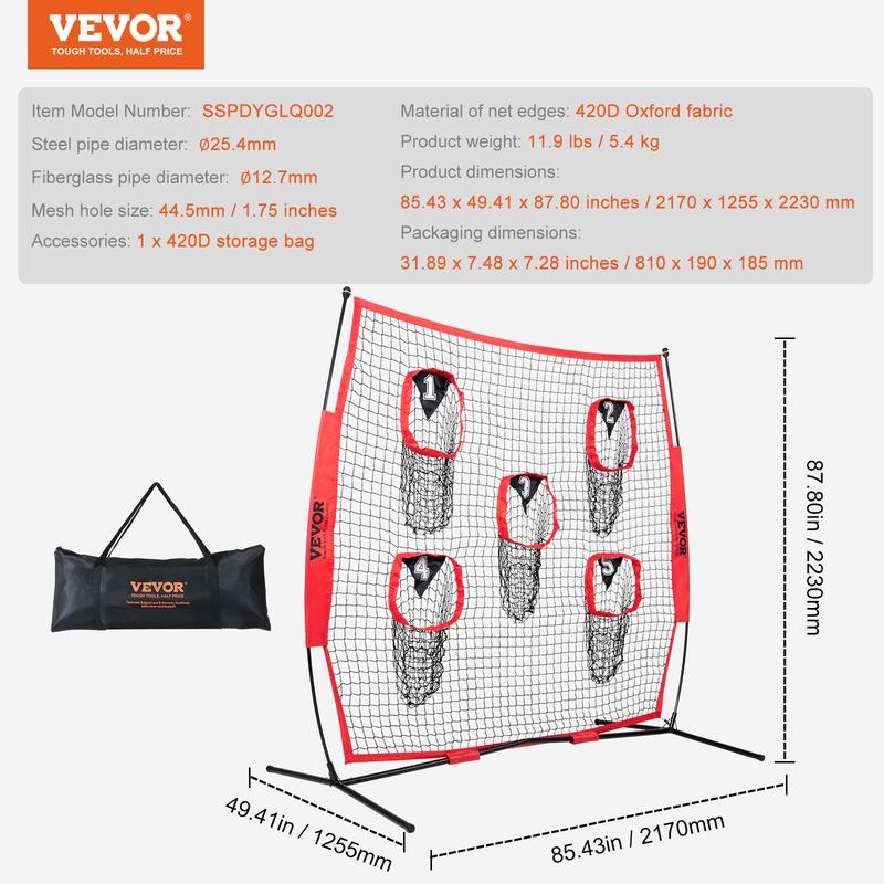 VEVOR 7 x 7 ft Football Trainer Throwing Net, Training Throwing Target Practice Net with 5 Target Pockets, Knotless Net Includes Bow Frame and Portable Carry Case, Improve QB Throwing Accuracy, Red