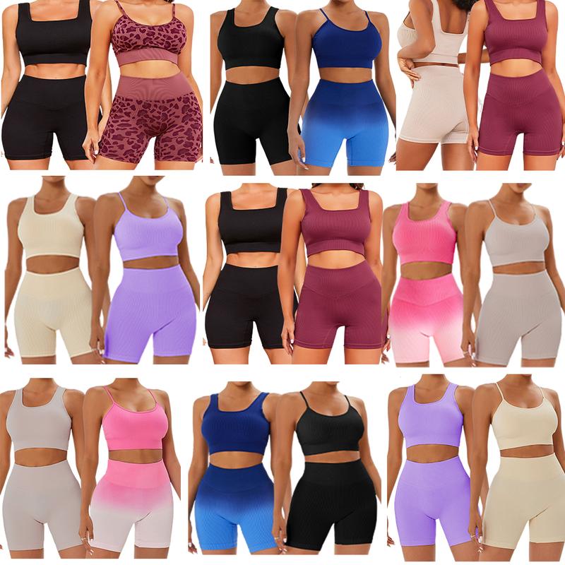 FINETOO 4pcs Workout Sets for Women Ribbed Crop Tank Shorts Active Gym Exercise High Waisted Sports Yoga Outfit Fashion ootd Women Comfortable Set XS-L