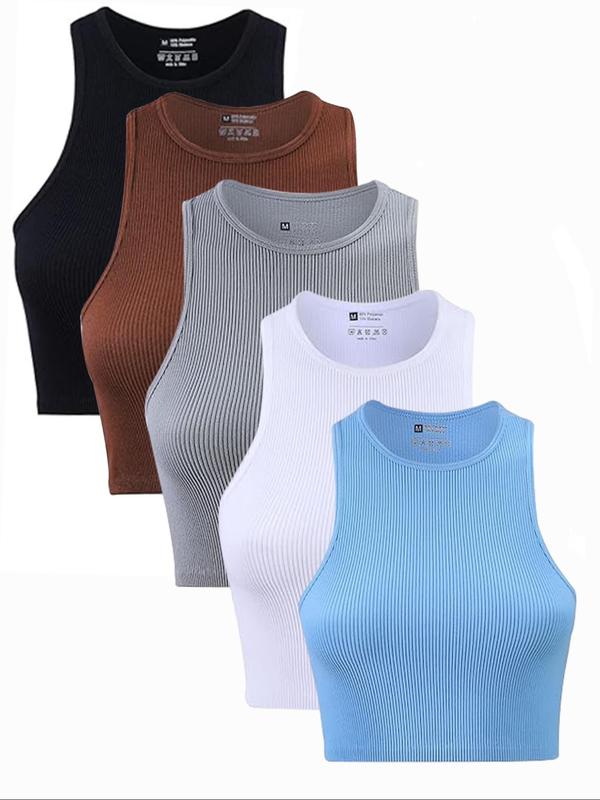 Women's Solid Round Neck Crop Sports Vest, Casual Comfy Breathable Sleeveless Cropped Top for Yoga Gym Workout Running, Ladies Sportswear Clothing for All Seasons, Summer Outfits, Basic Minimalist Womenswear