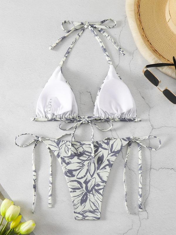 Two-Piece Set Women's Leaf Pattern Tie Back Bikini for Summer 2024, Boho Style Sleeveless Halter Triangle Bikini Top & Tie Side Bottom Swimsuit for Beach Vacation