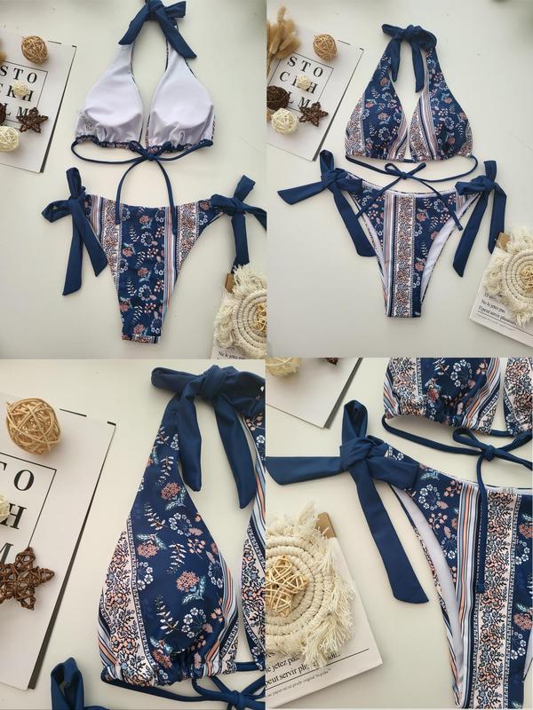 Two-piece Set Women's Floral Print Tie Back Bikini Set, Boho Fashion Halter Neck Wireless Swim Top & Tie Side Swim Bottom Swimsuit for Beach Holiday Vacation, Ladies Summer Clothes