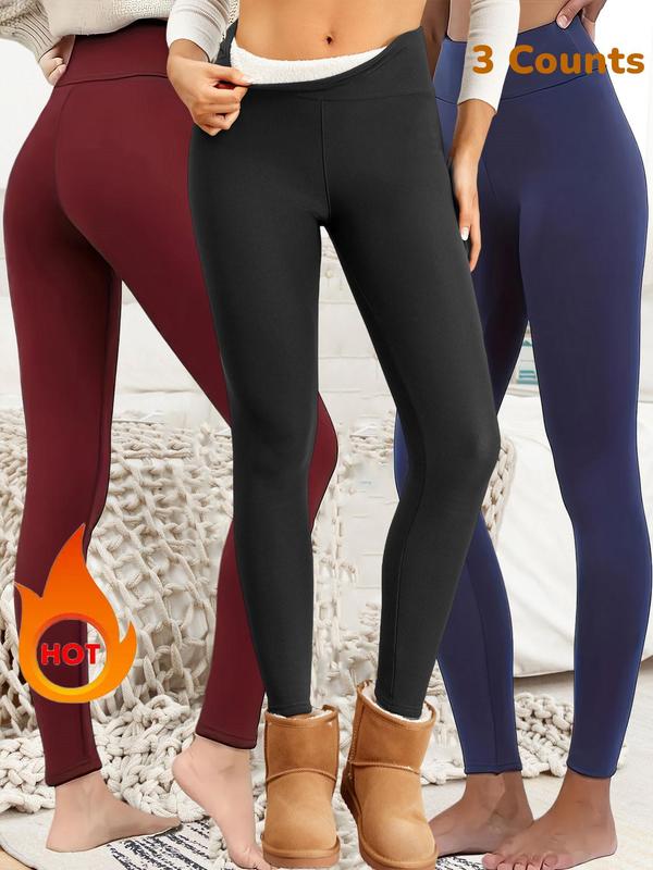 Sporty Women's Solid Color High Waist Thermal Lined Sports Leggings, Casual Comfy Warm Skinny Pants for Yoga Gym Workout Running, Ladies Sportswear for Fall & Winter