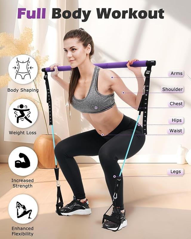 3-Section Pilates Bar with Adjustable Strap, Door Anchor, Handles and Foot Strap, Portable Home Gym Pilates Resistance Bar Kit