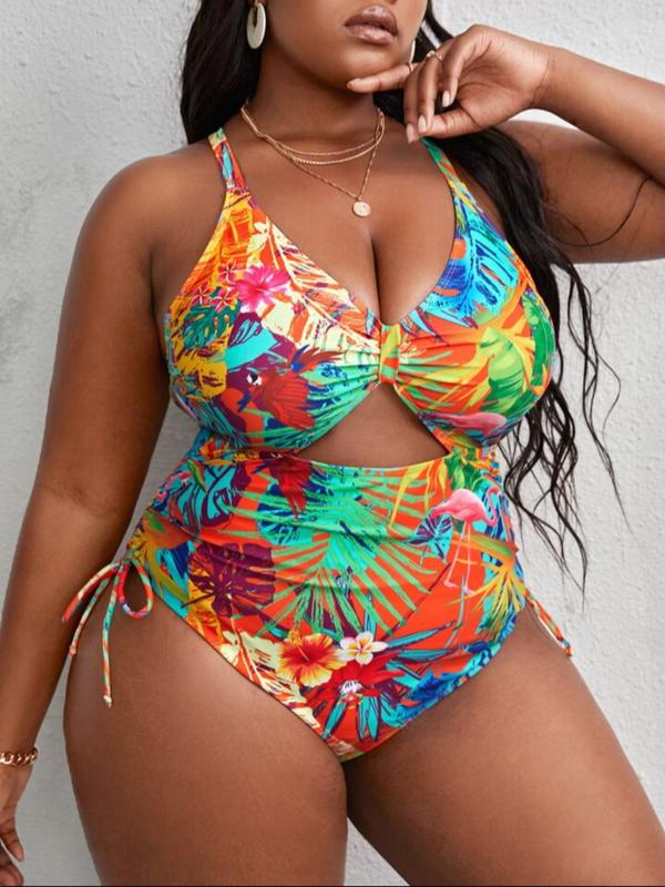  Tropical Print Criss Cross Cut Out One-piece Swimsuit, Swimsuit for Women, Boho Tie Side Sleeveless Swimwear for Beach Holiday Vacation, Women's Curvy Swimwear for Summer