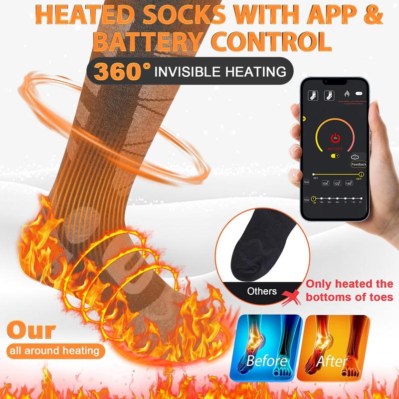 Heated Socks for Men Women, 5000mAh x2 APP Control Battery Washable Heating Socks Foot Warmers for Skiing Hiking Camping Biking Hunting Outdoor Work