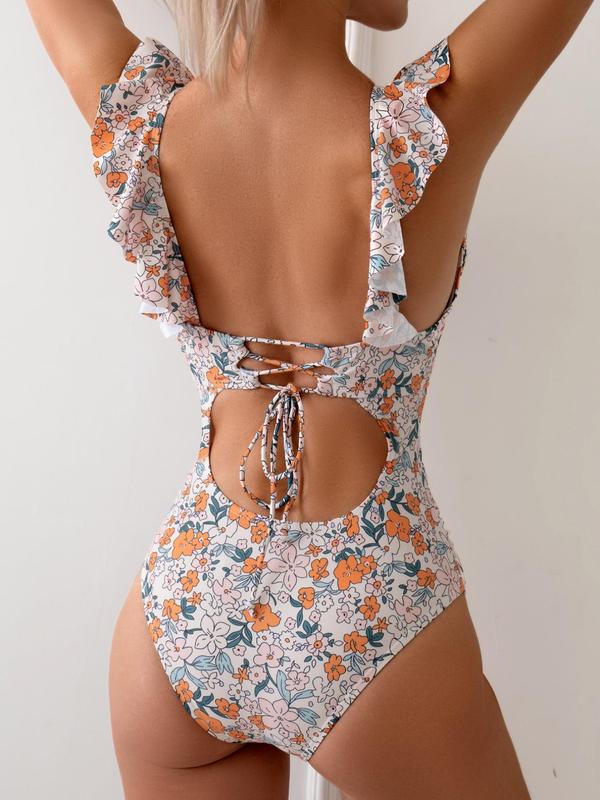 Women's Ditsy Floral Print Cut Out Ruffle Trim One Piece Swimsuit, Summer Deep V Neck Lace Up Backless Swimwear for Summer Beach Vacation, Spring Bathing Suit Womenswear, Bathing Suits 2024 for Women, Summer Outfits 2024, Tummy Control Swimwear