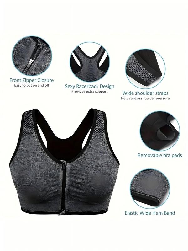 Women's Solid Color Zip Front Sports Bra, Breathable Comfortable Wireless Sports Bra, Ladies Sportswear for Indoor Outdoor Wear