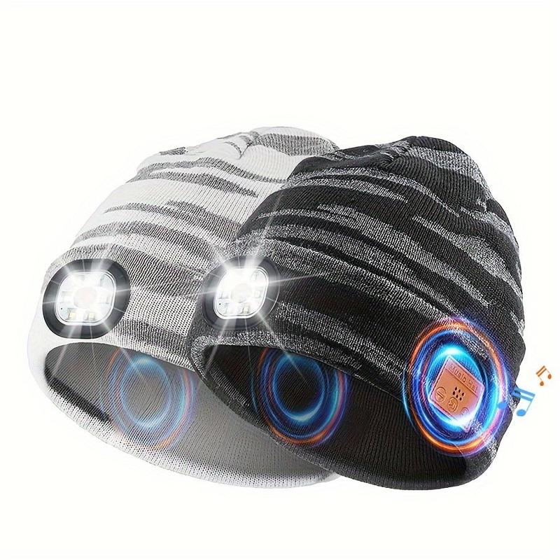 USB Rechargeable LED Lighted Beanie Hat, Built-in Headphones & Speaker Mic Beanie Hat, Breathable Headlamp Hat, Unisex Gifts for Outdoor Activities