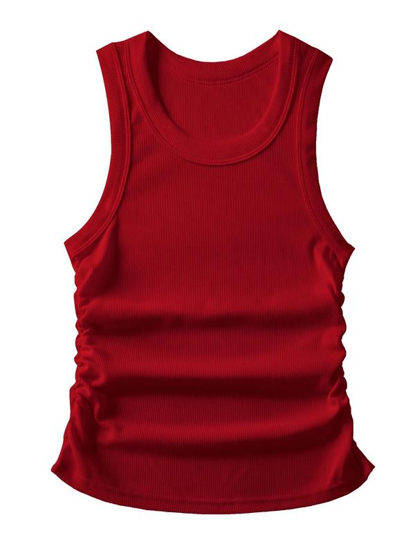 Women's Solid Ruched Round Neck Sports Tank Top, Sporty Breathable Comfortable Sleeveless Vest, Ladies Sportswear for Gym Fitness, Fall Outfits, Fallfreshness