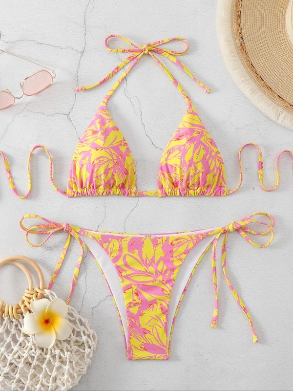 Two-Piece Set Women's Leaf Pattern Tie Back Bikini for Summer 2024, Boho Style Sleeveless Halter Triangle Bikini Top & Tie Side Bottom Swimsuit for Beach Vacation