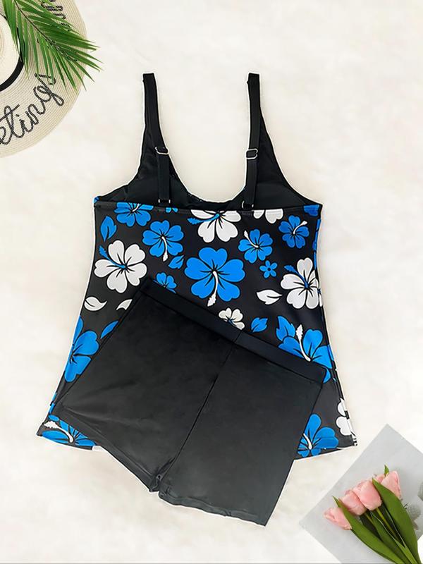 Women's Floral Print Backless Tankini Set, Adjustable Strap Square Neck Swim Top & Elastic Waist Swim Shorts, Ladies Swimsuit for Beach Holiday Vacation