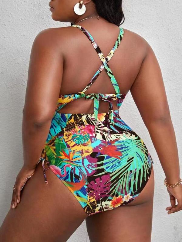  Tropical Print Criss Cross Cut Out One-piece Swimsuit, Swimsuit for Women, Boho Tie Side Sleeveless Swimwear for Beach Holiday Vacation, Women's Curvy Swimwear for Summer