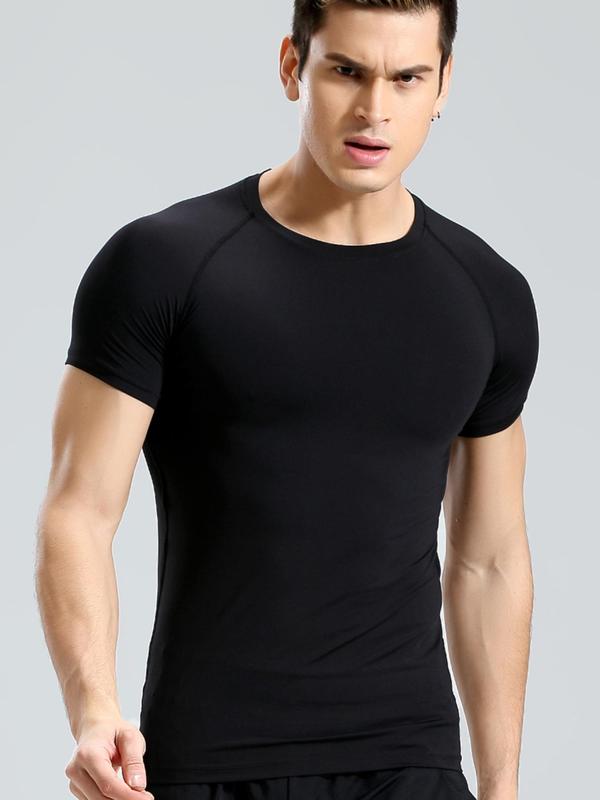 Men's Plain Round Neck Sports Tee, Quick Drying Breathable T-shirt, Summer Sportswear Clothing for Gym Workout Running