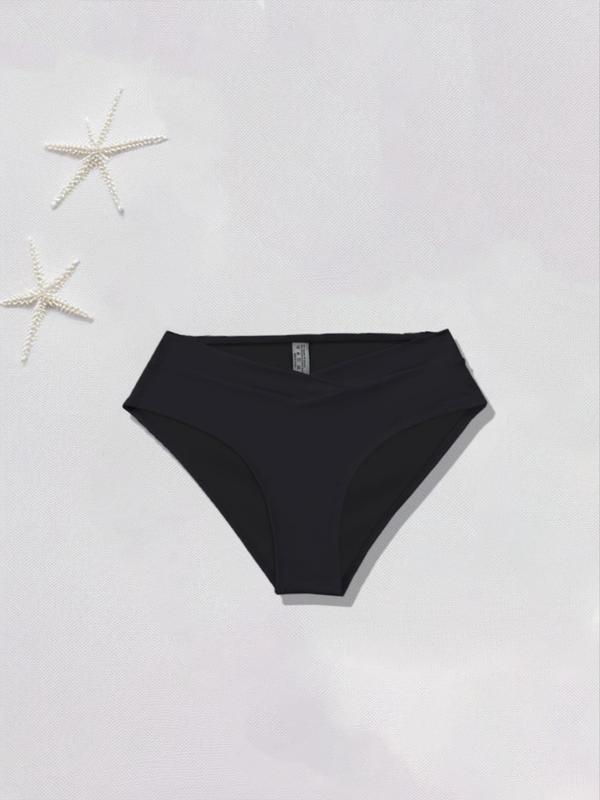 Women's High Waist Overlap Design Swim Bottom, Summer Clothes Women, Solid Color High Rise Swimwear Panty for Women, Minimalist Ladies Swimwear for Summer, Comfort Basic Womenswear