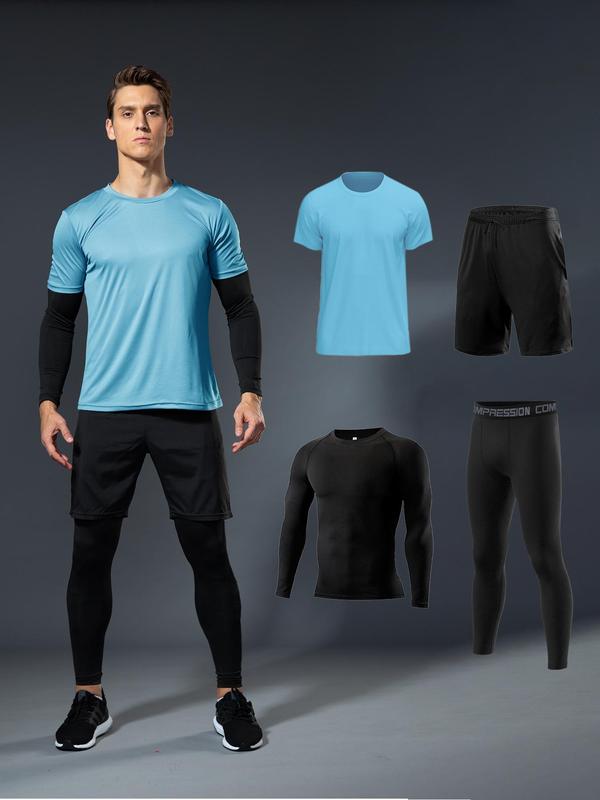 Men's Round Neck Sports Tee& Drawstring Waist Shorts & Letter Tape Pants Set, Long Sleeve & Short Sleeve Crew Neck T-shirt & Pocket Shorts & Skinny Pants, Sportswear Set for Running Gym Workout