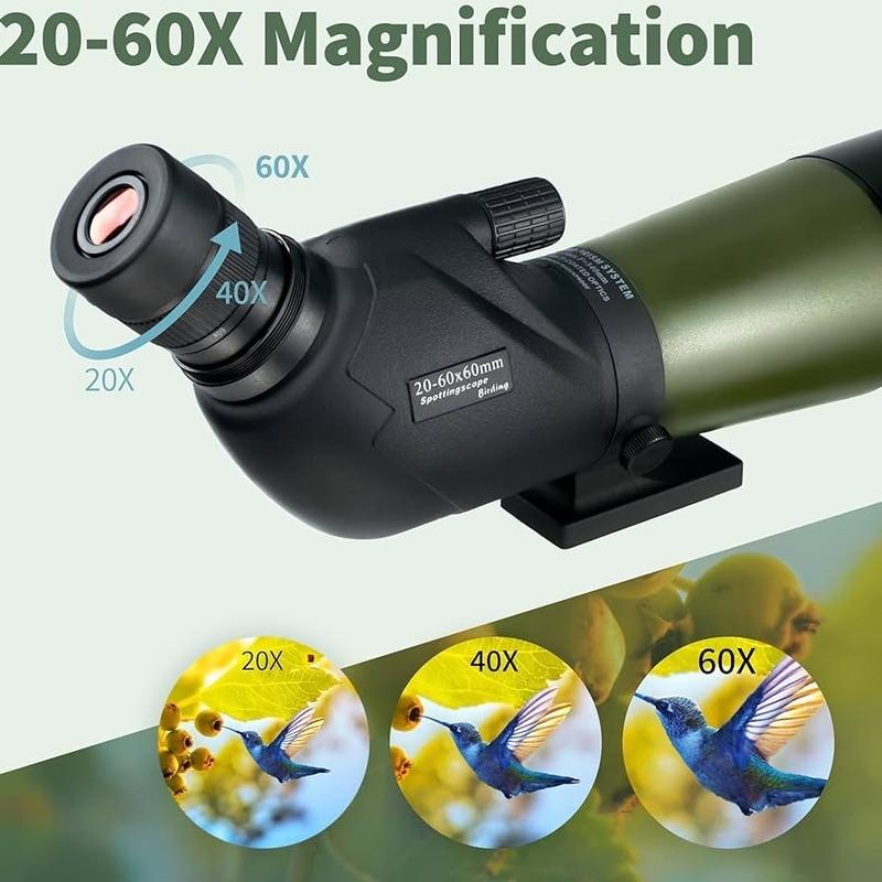 20-60x60 HD Spotting Scope with Tripod, Carrying Bag and Phone Adapter - BAK4 45 Degree Angled Spotter for Bird Watching and Wildlife Scenery