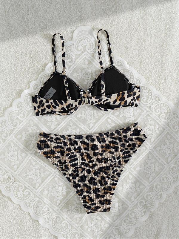 Two-Piece Set Women's Leopard Print Bikini Set, Casual Adjustable Strap Backless Swim Top & Swim Thong Swimsuit Set, Ladies Swimwear for Beach Holiday Vacation