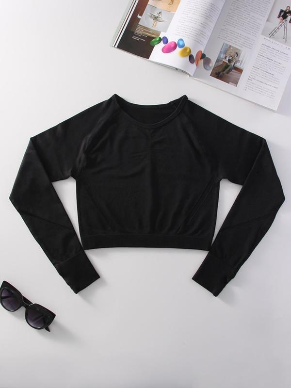 Women's Solid Raglan Sleeve Crop Sports Tee, Basic Long Sleeve Round Neck Sports Top, Ladies Sportswear Clothing for Indoor Outdoor Wear