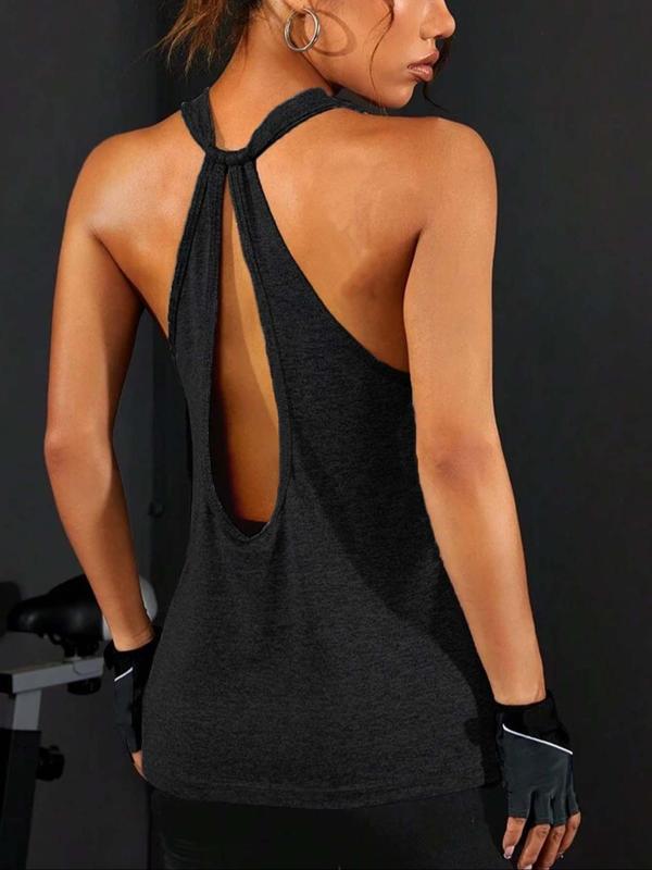 Women's Solid Cut Out Backless Sports Tank Top, Casual Comfortable Breathable Sports Top for Yoga Gym Workout, Ladies Sportswear for Summer