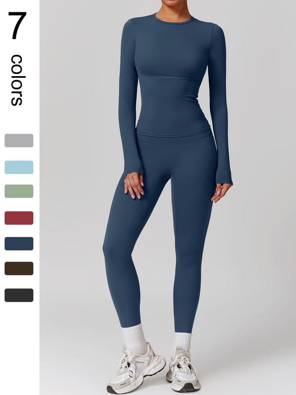 Women's Solid Long Sleeve Tee & High Waist Leggings Tracksuit Set, Sporty Round Neck Top & Skinny Pants Two-piece Outfits for Gym Workout Running, Ladies Sportswear for All Seasons