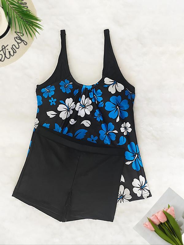 Women's Floral Print Backless Tankini Set, Adjustable Strap Square Neck Swim Top & Elastic Waist Swim Shorts, Ladies Swimsuit for Beach Holiday Vacation