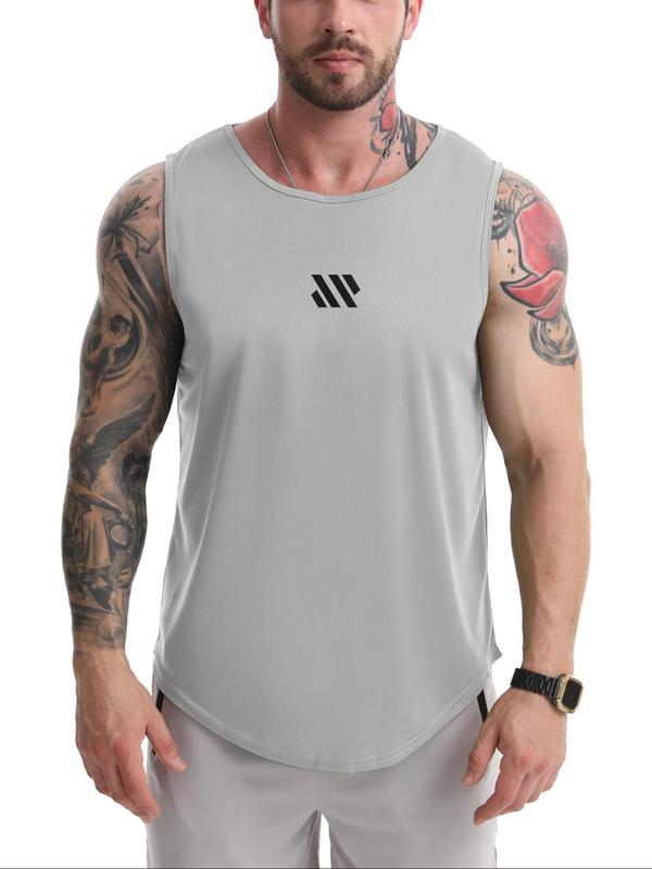 Men's Regular Fit Graphic Print Curved Hem Sports Tank Top, Casual Breathable Sleeveless Round Neck Sports Top for Gym Workout Running, Men's Sportswear for Summer