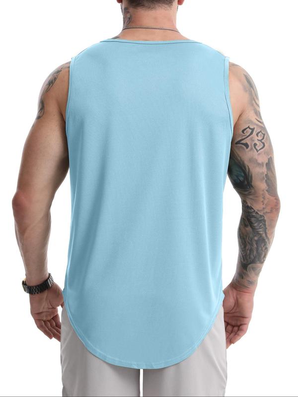 Men's Regular Fit Graphic Print Curved Hem Sports Tank Top, Casual Breathable Sleeveless Round Neck Sports Top for Gym Workout Running, Men's Sportswear for Summer