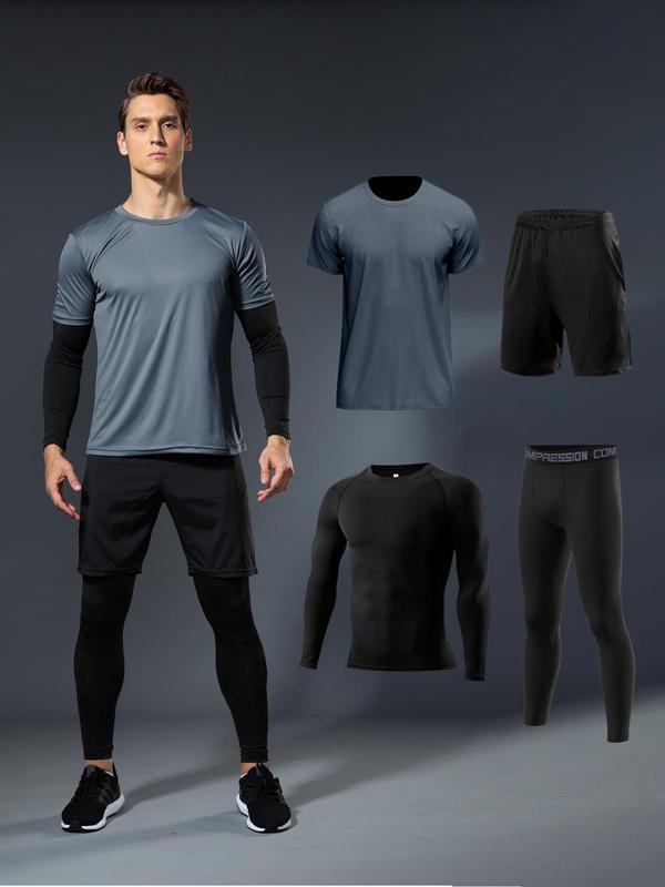 Men's Round Neck Sports Tee& Drawstring Waist Shorts & Letter Tape Pants Set, Long Sleeve & Short Sleeve Crew Neck T-shirt & Pocket Shorts & Skinny Pants, Sportswear Set for Running Gym Workout