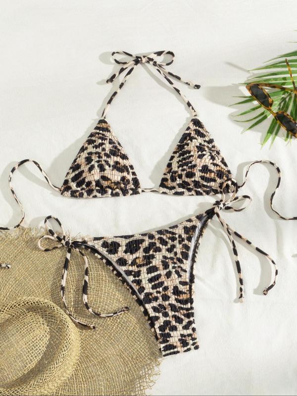 Two-Piece Set Women's Leopard Print Textured Bikinis Set, Bathing Suits, Casual Halter Triangle Bra & Tie Side Panty, Swimsuit for Women, Summer Beach Holiday Vacation Swimwear Set for Women