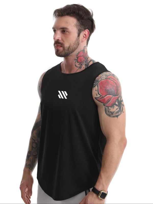 Men's Regular Fit Graphic Print Curved Hem Sports Tank Top, Casual Breathable Sleeveless Round Neck Sports Top for Gym Workout Running, Men's Sportswear for Summer