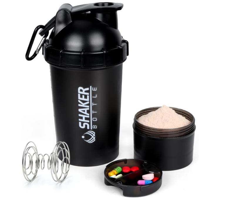 XTKS Shaker Bottle 18OZ Protein Shaker Bottles with Powder Storage & Pill Case 500ML GYM Shaker Cup for Protein Mixes with Blending Ball Leak Proof Mixer Bottle for Pre Workout,BPA Free(black)